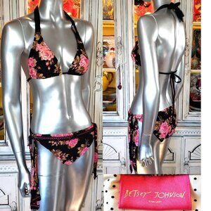$SOLD$ Vintage Betsey Johnson Bikini Black Lace Gypsy Rose Pink Floral Swimsuit